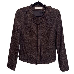 Tahari Size 4 Brown Animal Leopard Print Jacket Ruffle Smock Casual Long Sleeve